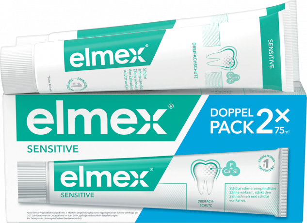 elmex Zahnpasta Sensitive Doppelpack (2 x 75 ml), 150 ml, Зубная паста Sensitive для бережного ухода за чувствительными зубами, 2 × 75 мл