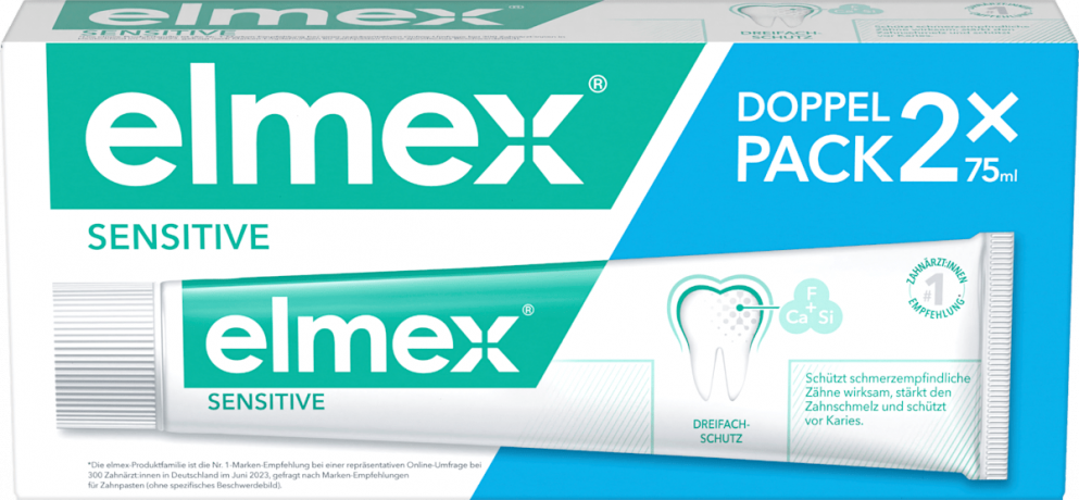 elmex Zahnpasta Sensitive Doppelpack (2 x 75 ml), 150 ml, Зубная паста Sensitive для бережного ухода за чувствительными зубами, 2 × 75 мл