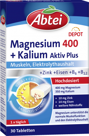 Abtei Magnesium 400 + Kalium Aktiv Plus Tabletten 30 Tabletten (60 g), Abtei Таблетки магния 400 мг с калием для мышц, нервной системы и электролитного баланса, 30 таблеток (60 г)