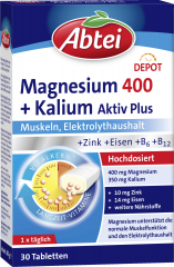 Abtei Magnesium 400 + Kalium Aktiv Plus Tabletten 30 Tabletten (60 g), Abtei Таблетки магния 400 мг с калием для мышц, нервной системы и электролитного баланса, 30 таблеток (60 г)