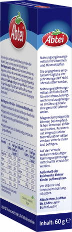 Abtei Magnesium 400 + Kalium Aktiv Plus Tabletten 30 Tabletten (60 g), Abtei Таблетки магния 400 мг с калием для мышц, нервной системы и электролитного баланса, 30 таблеток (60 г)