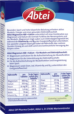 Abtei Magnesium 400 + Kalium Aktiv Plus Tabletten 30 Tabletten (60 g), Abtei Таблетки магния 400 мг с калием для мышц, нервной системы и электролитного баланса, 30 таблеток (60 г)