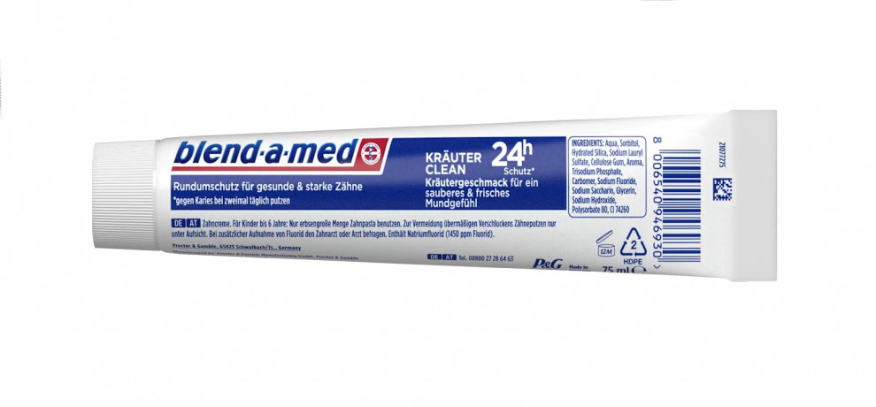 blend-a-med Krauter Clean Rundumschutz Zahnpasta 75ml, Зубная паста  Травяная свежесть защита от кариеса 24 часа, удаление налёта и укрепление эмали, 75 мл