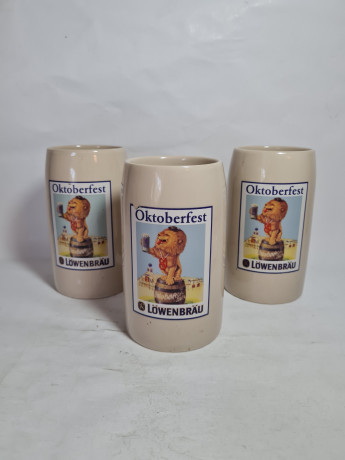 Немецкая пивная кружка винтажная Lowenbrau / Oktoberfest с изображением льва, керамика, 3 шт., 0.5 л, 15 см, Германия, 1970-80гг.