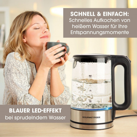 GOURMETmaxx GOURMETmaxx Wasserkocher Glas LED-Beleuchtung 1,7L Antikalkfilter, 1.7 l, 2200,00 W, automatischer Abschalter  Чайник GOURMETmaxx стеклянный со светодиодной подсветкой, фильтр от накипи 1,7 л, 1,7 л, 2200,00 Вт, автоматическое отклчение