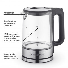 GOURMETmaxx GOURMETmaxx Wasserkocher Glas LED-Beleuchtung 1,7L Antikalkfilter, 1.7 l, 2200,00 W, automatischer Abschalter  Чайник GOURMETmaxx стеклянный со светодиодной подсветкой, фильтр от накипи 1,7 л, 1,7 л, 2200,00 Вт, автоматическое отклчение