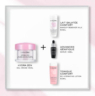 Lancome HYDRA ZEN Starter Kit Set Гель-крем 15 мл + Сыворотка 10 мл + Lait Galatée Confort 50 мл + Тоник Confort 50 мл