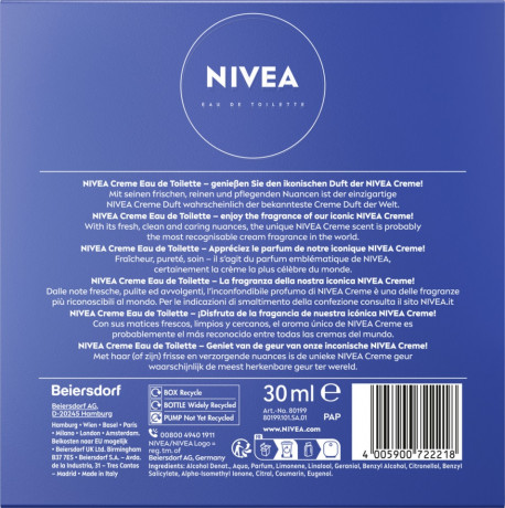 NIVEA Creme, EdT 30 ml, Нивеа Туалетная вода с легендарным ароматом крема NIVEA, свежие и нежные ноты, 30 мл