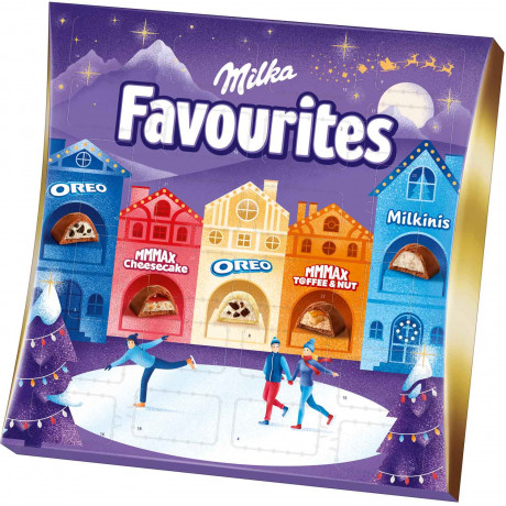 Milka Favourites Adventskalender, Milka Favourites адвент-календарь 2026 с Oreo, Cheesecake, Toffee Ganznuss и Milkinis, 24 конфеты, 206 г