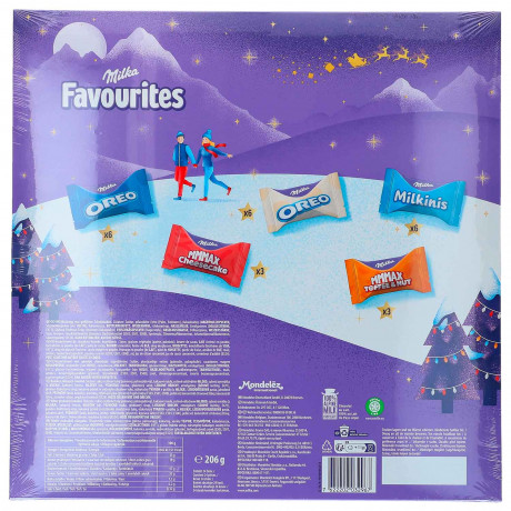 Milka Favourites Adventskalender, Milka Favourites адвент-календарь 2026 с Oreo, Cheesecake, Toffee Ganznuss и Milkinis, 24 конфеты, 206 г