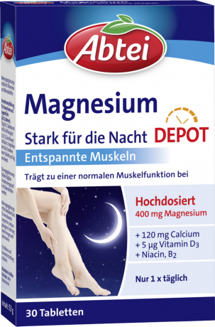 Abtei Magnesium 400 Stark fuer die Nacht Tabletten 30 Tabletten (52 g), Abtei Таблетки магния 400 мг с кальцием и витаминами для поддержки мышц, вечерний приём, 30 таблеток (52 г)