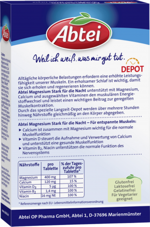 Abtei Magnesium 400 Stark fuer die Nacht Tabletten 30 Tabletten (52 g), Abtei Таблетки магния 400 мг с кальцием и витаминами для поддержки мышц, вечерний приём, 30 таблеток (52 г)