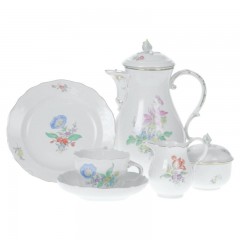 Meissen Meissen  'Neuer Ausschnitt - Blume 3 mitte bunt mit Goldrand' Kaffeeservice 8 Personen 27-tlg. Meissen &quot;New Cut - flower 3 центр разноцветный с золотой каймой&quot; Кофейный сервиз на 8 персон 27 предм.