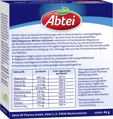 Abtei Magnesium 400 Plus direkt 20 Portionen (44 g), Abtei Гранулы магния 400 мг с витаминами группы B для мышц и нервной системы, приём без воды, 20 порций (44 г)
