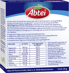 Abtei Magnesium 400 Plus direkt 20 Portionen (44 g), Abtei Гранулы магния 400 мг с витаминами группы B для мышц и нервной системы, приём без воды, 20 порций (44 г)