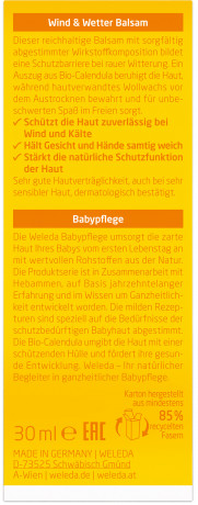 WELEDA baby CALENDULA Wind & Wetter Balsam, 30 ml, Безводный защитный бальзам Baby Calendula для лица и рук от ветра и холода, 30 мл