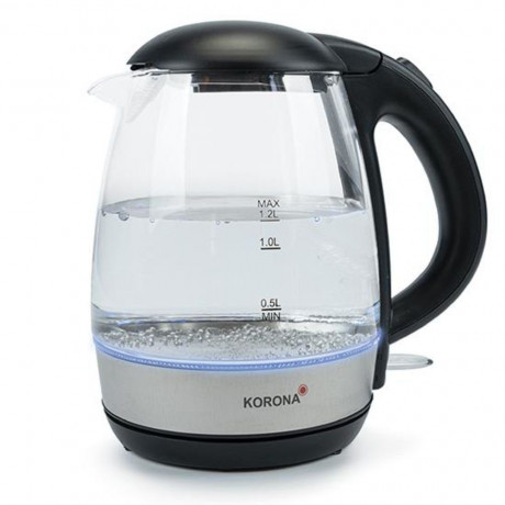 KORONA KORONA Wasserkocher 20608 Glas-Wasserkocher mit blauer LED Beleuchtung, mit Kalkfilter, 1,2 Liter Kapazitat, schwarz, transparent Чайник KORONA 20608 стеклянный чайник с синей светодиодной подсветкой, с фильтром от накипи, емкость 1,2 литра, черны