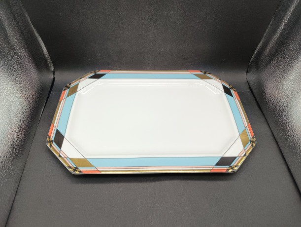 Поднос винтажный Schumann, с графичным декором в пастельных тонах и позолотой, фарфор, 33 х 22 см, Германия, 1970-80гг.