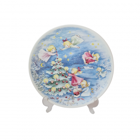 Декоративная тарелка винтажная Clavis Arzberg, белый фарфор с голубым декором "Рождественская елка", 25,5 x 3 см, Германия, 1960-70гг.