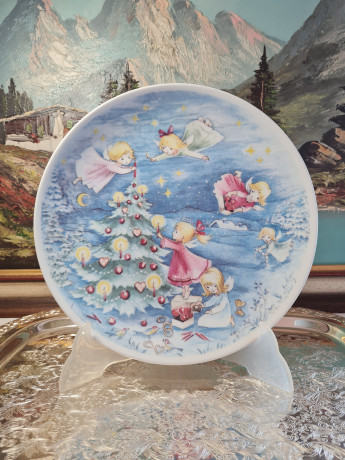 Декоративная тарелка винтажная Clavis Arzberg, белый фарфор с голубым декором "Рождественская елка", 25,5 x 3 см, Германия, 1960-70гг.