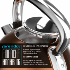 Arendo Arendo Wasserkocher, 1,7 l, 2200 W, Edelstahl Retro Style Vintage, LED Temperaturanzeige, kupfer, Vintage Retro Style Edelstahl-Teekessel im Kupfer Design mit Displayanzeige  Чайник Arendo, 1,7 л, 2200 Вт, нержавеющая сталь, винтажный ретро-стиль, 