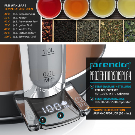 Arendo Arendo Wasserkocher, 1,7 l, 2200 W, Edelstahl Retro Style Vintage, LED Temperaturanzeige, kupfer, Vintage Retro Style Edelstahl-Teekessel im Kupfer Design mit Displayanzeige Чайник Arendo, 1,7 л, 2200 Вт, нержавеющая сталь, винтажный ретро-стиль,