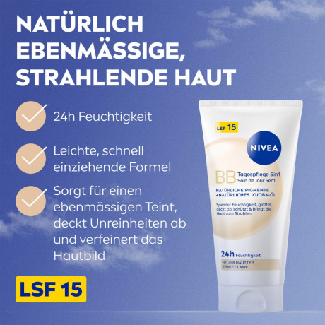 NIVEA BB Tagespflege 5in1 Heller Hauttyp LSF 15, 50 ml, Нивеа BB крем для лица 5 в 1, SPF 15, для светлого тона кожи, выравнивание и увлажнение, 50 мл