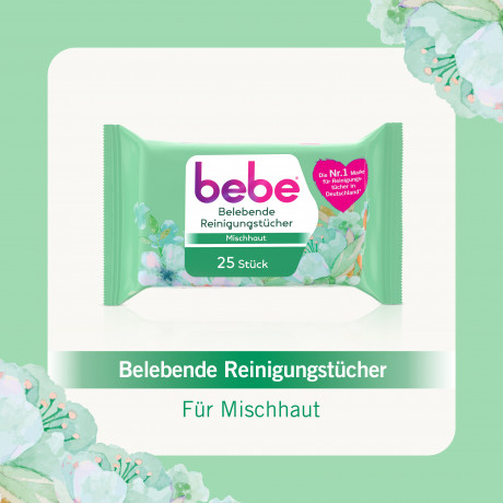 bebe belebende Reinigungstuecher, 25 Stueck, bebe освежающие салфетки для снятия макияжа с маслом жожоба для комбинированной кожи, 25 шт.