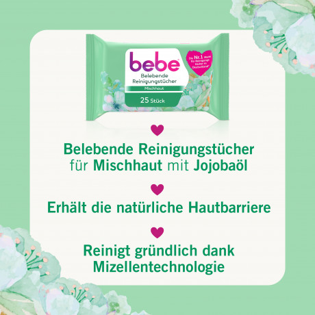 bebe belebende Reinigungstuecher, 25 Stueck, bebe освежающие салфетки для снятия макияжа с маслом жожоба для комбинированной кожи, 25 шт.