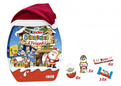 kinder Ueberraschung &amp; Friends Adventskalender, 24 Tuerchen, 29 St., 370 g, Большой адвент-календарь kinder с 24 окошками, 29 шоколадными изделиями и плюшевой шапкой, 370 г