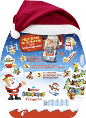 kinder Ueberraschung &amp; Friends Adventskalender, 24 Tuerchen, 29 St., 370 g, Большой адвент-календарь kinder с 24 окошками, 29 шоколадными изделиями и плюшевой шапкой, 370 г