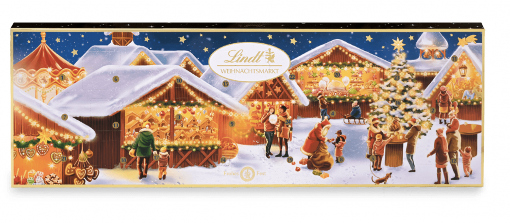 Lindt 2025 Adventskalender 250g 3STK, Адвент-календарь большой "Рождественская ярмарка", 24 сладких сюрприза, 75см х 25см, 250 грамм x 3 штуки