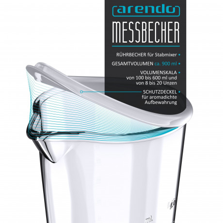 Arendo Arendo Stabmixer, 1000 W, Edelstahl Purierstab mit Messbecher, Handmixer, stufenlose Regelung, Mixfuss lasst sich leicht abnehmen und ist spulmaschinenfest  Ручной блендер Arendo, 1000 Вт, стержень для пюре из нержавеющей стали с мерным стаканом, р