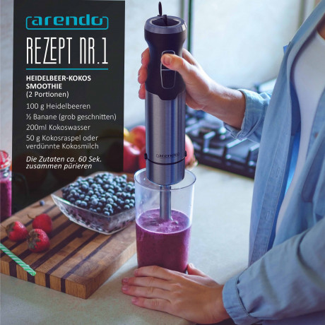 Arendo Arendo Stabmixer, 1000 W, Edelstahl Purierstab mit Messbecher, Handmixer, stufenlose Regelung, Mixfuss lasst sich leicht abnehmen und ist spulmaschinenfest  Ручной блендер Arendo, 1000 Вт, стержень для пюре из нержавеющей стали с мерным стаканом, р