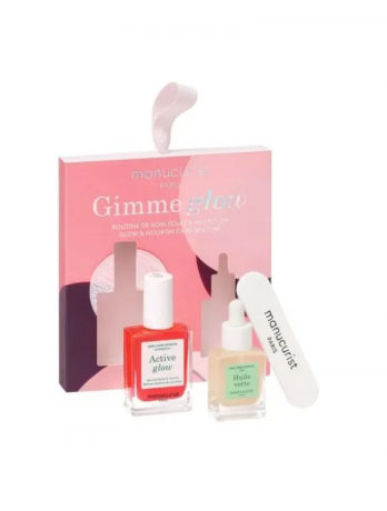 Manucurist Gimme set Оrnament, Набор для ухода за ногтями для женщин (Франция), Gimme Glow Active Raspberry + Green Oil + мини-пилка, 3 предмета, укрепление и сияние ногтей