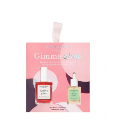 Manucurist Gimme set Оrnament, Набор для ухода за ногтями для женщин (Франция), Gimme Glow Active Raspberry + Green Oil + мини-пилка, 3 предмета, укрепление и сияние ногтей