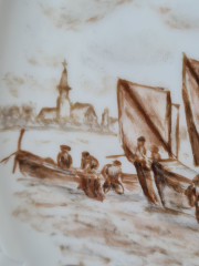 Hutschenreuther Белая фарфоровая тарелка с рисунком в коричневых тонах "На реке", 29 x 2,5 см, Германия, 1960-70гг.