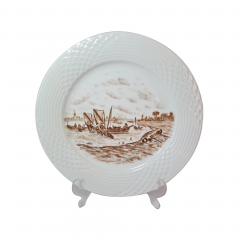 Hutschenreuther Белая фарфоровая тарелка с рисунком в коричневых тонах "На реке", 29 x 2,5 см, Германия, 1960-70гг.