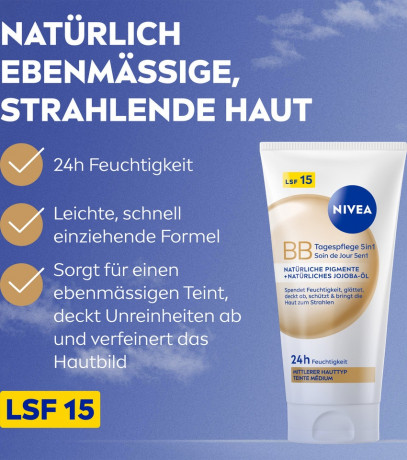 NIVEA BB Tagespflege 5in1 Mittlerer Hauttyp, 50 ml, Нивеа BB крем для лица 5 в 1, для среднего тона кожи, выравнивание и увлажнение, 50 мл