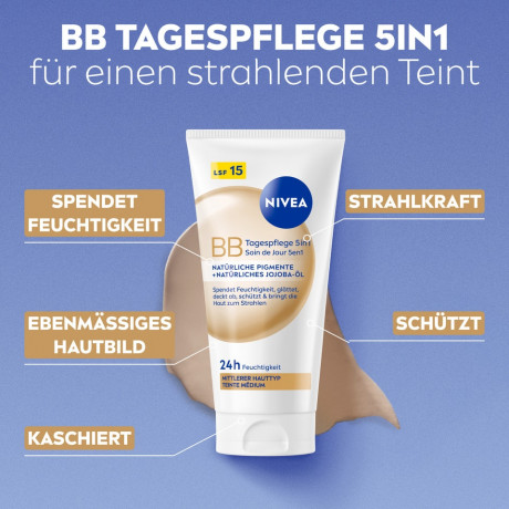 NIVEA BB Tagespflege 5in1 Mittlerer Hauttyp, 50 ml, Нивеа BB крем для лица 5 в 1, для среднего тона кожи, выравнивание и увлажнение, 50 мл