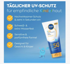 NIVEA SUN Sonnenmilch Kids sensitiv, daily uv Schutz, LSF 50+, Солнцезащитный лосьон для чувствительной кожи детей, ежедневная защита от УФ-излучения, SPF 50+, 100 мл
