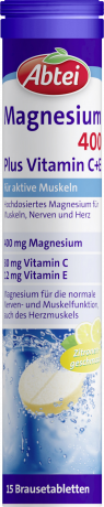 Abtei Magnesium 400 Plus Brausetabletten 15 Brausetabletten (81 g), Abtei Шипучие таблетки магния 400 мг с витаминами C и E для мышц и нервной системы, лимонный вкус, 15 шипучих таблеток (81 г)