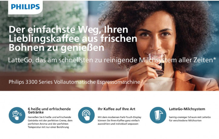 Philips Philips Kaffeevollautomat 3300 Series Vollautomatische Espressomaschine 6 Getranke, Kaffeeautomat Cafemaschine Kaffeemaschine mi Mahlwerk Vollautomat Cafe Полностью автоматическая кофемашина Philips серии 3300, полностью автоматическая кофемашина