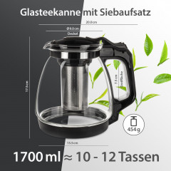 T24 T24 Wasserkocher Glasteekanne mit Edelstahl Teesieb  Uberhitzungsschutz, 1700 ml, 1700 ml  Чайник T24 стеклянный заварочный чайник с ситечком из нержавеющей стали с защитой от перегрева, 1700 мл, 1700 мл