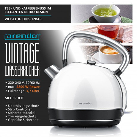 Arendo Arendo Wasserkocher, 1,7 l, 2200 W, Edelstahl, Retro Style Vintage, Uberhitzungs Trockenkochschutz, weiss Чайник Arendo, 1,7 л, 2200 Вт, нержавеющая сталь, винтажный стиль ретро, ??защита от перегрева и сухого кипения, белый
