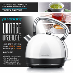 Arendo Arendo Wasserkocher, 1,7 l, 2200 W, Edelstahl, Retro Style Vintage, Uberhitzungs  Trockenkochschutz, weiss  Чайник Arendo, 1,7 л, 2200 Вт, нержавеющая сталь, винтажный стиль ретро, ??защита от перегрева и сухого кипения, белый