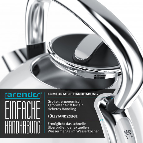Arendo Arendo Wasserkocher, 1,7 l, 2200 W, Edelstahl, Retro Style Vintage, Uberhitzungs Trockenkochschutz, weiss Чайник Arendo, 1,7 л, 2200 Вт, нержавеющая сталь, винтажный стиль ретро, ??защита от перегрева и сухого кипения, белый