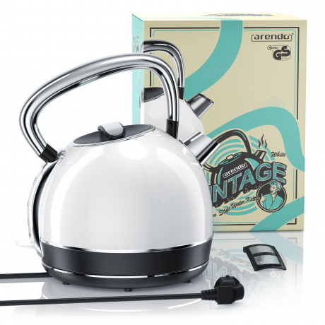 Arendo Arendo Wasserkocher, 1,7 l, 2200 W, Edelstahl, Retro Style Vintage, Uberhitzungs Trockenkochschutz, weiss Чайник Arendo, 1,7 л, 2200 Вт, нержавеющая сталь, винтажный стиль ретро, ??защита от перегрева и сухого кипения, белый