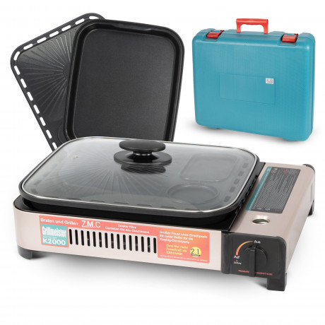 ZMC ZMC Gaskocher 2in1 Gas Kocher Campingkocher Grillplatte Gasgrill Outdoor Camping, (Gaskocher 2.1KW Outdoor Camping Kocher Kochfeld), Herd Tragbarer Tischgrill Grillpfanne+Transportkoffer Газовая плита ZMC, газовая плита 2-в-1, походная плита, гриль,