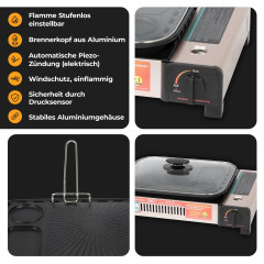 ZMC ZMC Gaskocher 2in1 Gas Kocher Campingkocher Grillplatte Gasgrill Outdoor Camping, (Gaskocher 2.1KW Outdoor Camping Kocher Kochfeld), Herd Tragbarer Tischgrill Grillpfanne+Transportkoffer  Газовая плита ZMC, газовая плита 2-в-1, походная плита, гриль, 